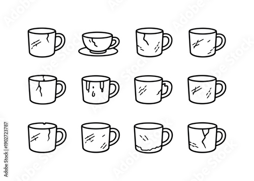 Worn Household Mug. Line icon set of Worn Household Mug: old coffee mug, used teacup, worn ceramic cup, aging kitchen mug, everyday mug