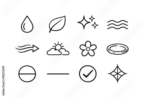 Freshness & Purity. Line icon set of Freshness & Purity: clear droplet, clean leaf, purity sparkle, minimal wave, fresh breeze arrow, open