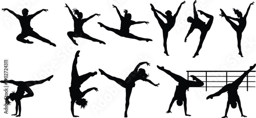 Dance and ballet silhouettes collection showing graceful dancers performing jumps and poses isolated on white background artistic movement vector illustration set