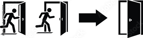 Emergency exit door icons, running man evacuation symbol, safety escape route sign, emergency doorway direction arrow, fire exit illustration isolated background