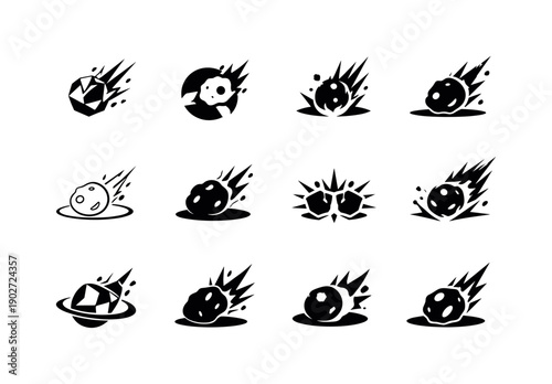Asteroid. Icon set. Set Logo of Asteroid: asteroid collision impact. harmonious logo variations of the same emblematic concept, each with