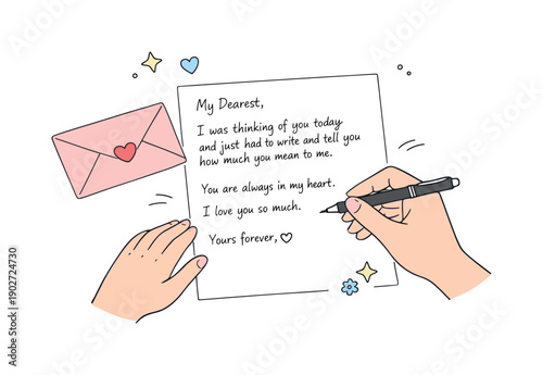 Handwritten love letter. A person carefully writing with a pen on paper, envelope placed nearby, expressing sincerity and care. Minimal scene