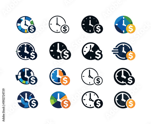 Gig Economy Icon Set. Gig economy. Icon set. Set Logo of gig economy: clock with dollar symbol. harmonious logo variations of the same emblematic concept, each