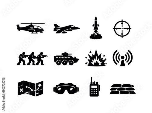 Military Icon Set. Military assault scenario. Solid icon set of Military assault scenario: assault helicopter, fighter jet, missile launch, target crosshair,