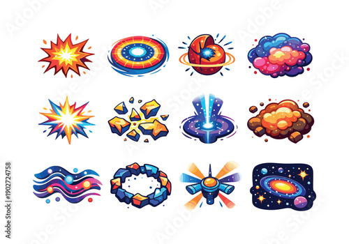 Supernovae. Colorful isometric vector icons set of Supernovae: exploding star, supernova shockwave, stellar core collapse, expanding nebula