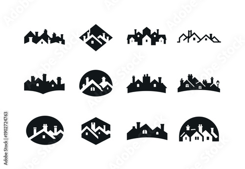 Old Street Icons. Old street scene. Icon set. Set Logo of Old street scene: silhouette of rooftops and chimneys. harmonious logo variations of the same