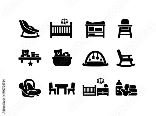 Nursery furniture. Solid icon set of Nursery furniture: baby bouncer, crib, changing table, baby chair, nursery shelf, toy basket, baby mat,