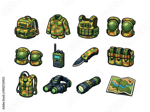 Tactical camouflage equipment. Colorful isometric vector icons set of tactical camouflage equipment: tactical backpack, camouflage uniform,