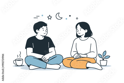 Tranquil Connection. Low-energy socializing. A calm scene with two people sitting comfortably together, minimal gestures and relaxed posture. Quiet connection