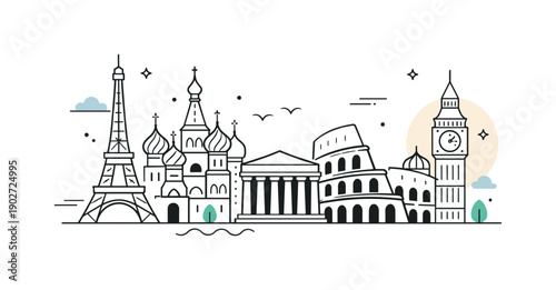 Historic architecture scene. Classic landmarks are simplified into elegant forms, emphasizing heritage and structure. Quiet, respectful mood