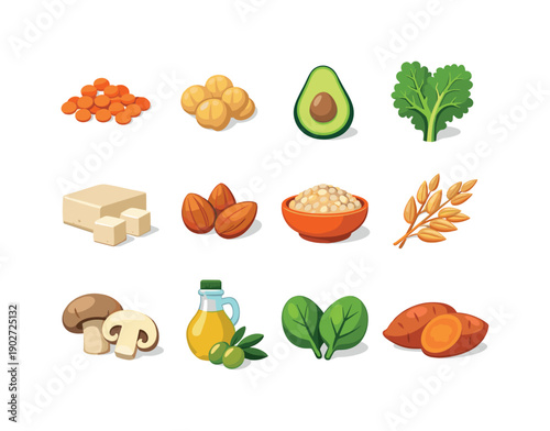 Vegan Ingredient Icons. Vegan ingredients. Colorful flat vector icons set of vegan ingredients: lentils, chickpeas, avocado, kale, tofu, almonds, quinoa, oats,