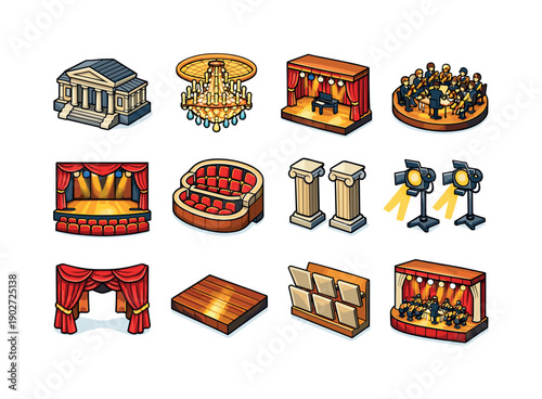 Grand Hall Performance. Colorful isometric vector icons set of Grand Hall Performance: majestic concert hall, chandelier ceiling, wide stage