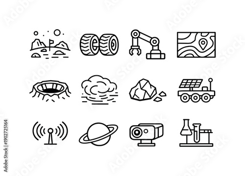 Planetary exploration. Line icon set of Planetary exploration: Mars surface, rover wheels, robotic arm, terrain map, crater, dust storm, rock