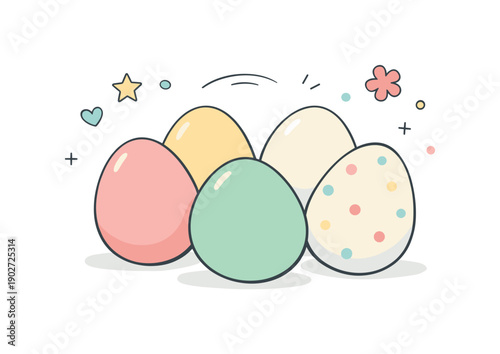 Painted eggs pastel. A close-up still life of a few pastel painted eggs with tiny abstract shapes floating around. The illustration feels