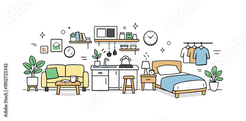 Affordable living concepts. Cozy small apartment interior with essential furniture and plants, tidy and welcoming. Comfort and simplicity