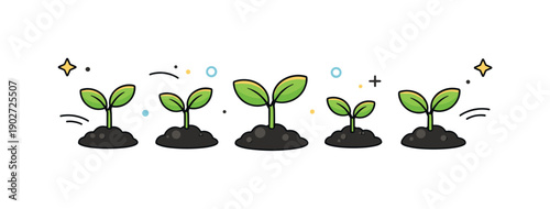 Growing Seedlings Illustration. Seedlings in soil. Small green seedlings gently emerging from dark soil, evenly spaced in a calm, clean composition. The scene