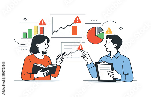 Risk assessment in audits. Two colleagues discussing risk indicators shown as simple charts and warning icons, exchanging notes and pointing