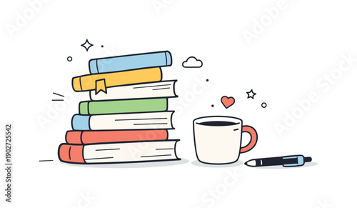 Stacks slightly leaning. Pile of books gently tilted to one side on a desk, with a cup and pen beside it. Calm imperfection and natural