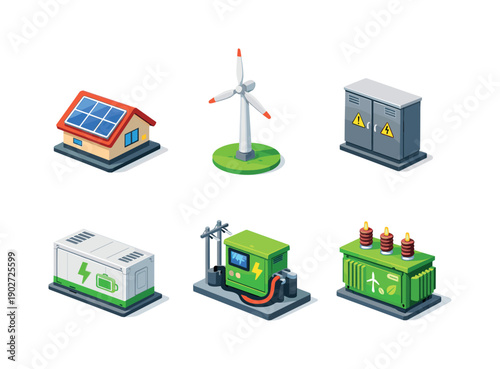 Clean energy infrastructure. Isometric flat vector icons set of Clean energy infrastructure: rooftop solar installation, onshore wind