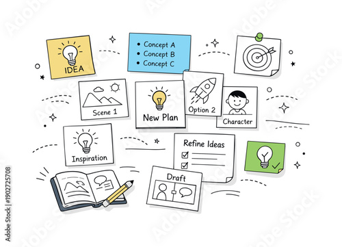 Creative process. Idea cards, notes, and simple sketches laid out in an organized but flexible arrangement. Visual narrative of thinking,