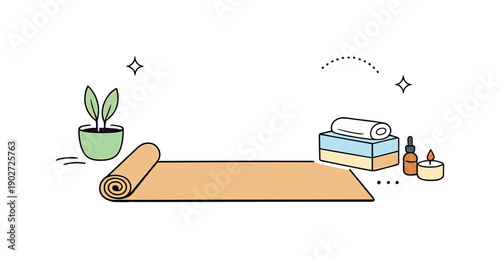 Minimal Yoga Mat Scene. Minimal natural yoga mat scene. Simple yoga mat made from jute or cork unrolled in a bright space, showing a peaceful setup for home