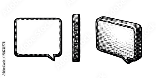 Comic narration text block with rounded corners shown as a single object presented in three views: front view, side view, and three-quarter
