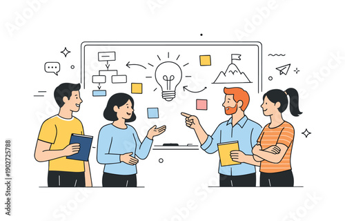 Brainstorming session. Team members standing near a whiteboard with simple sketches and sticky notes, exchanging ideas and feedback. Focused