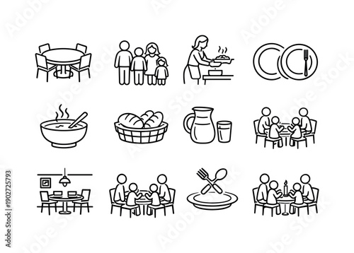 Home Family Dinner. Line icon set of Home Family Dinner: round dining table, parents and children, serving food, dinner plates, soup bowl,