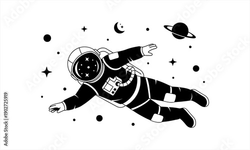Astronaut floating in space with stars and planets surrounding.