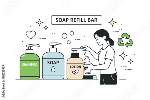 Soap refill bar. A customer filling a reusable bottle with liquid soap, surrounded by minimalist labeled containers and floating abstract