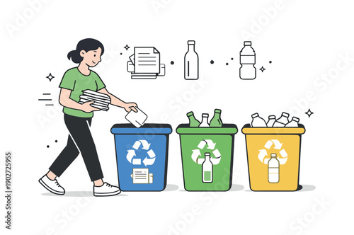 Sustainable living awareness. A character sorting waste into recycling bins, moving calmly and confidently. The illustration highlights