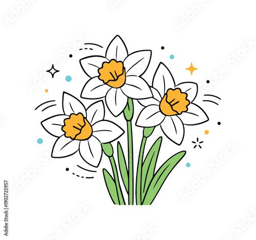 Daffodil Blooms Artistry. Daffodil flowers close up with decorative accents. Small dots and subtle lines surround the blooms, adding softness and motion to the