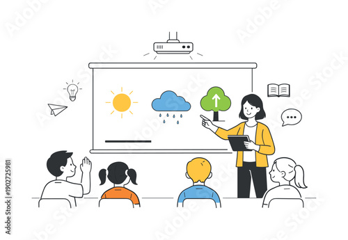 Teachers teaching students. Teacher using a tablet or projector to show simple visuals to the class. Modern education tools, clarity, and