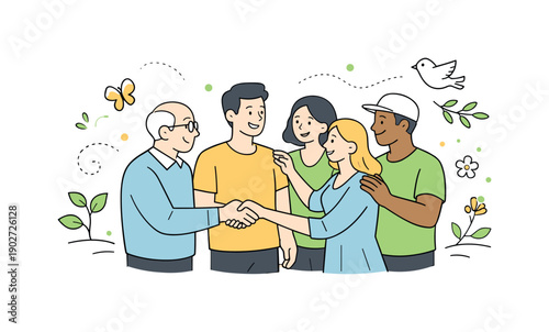 Community support spring concept. Neighbors standing together in a small group, exchanging friendly gestures and helping hands, with light