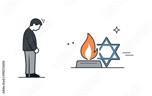 Yom HaShoah silence. A person standing quietly beside a symbolic flame and Star of David, expressing reflection and mourning. Minimal