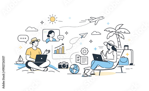 Remote consulting during summer travel. Abstract editorial scene combining consulting icons, travel elements, and calm working figures.