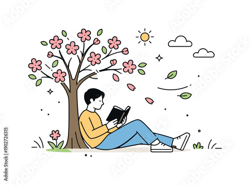 Spring reading mood. A person sitting under a blossoming tree with a book and soft breeze elements, calm seasonal inspiration. Ideal for calm