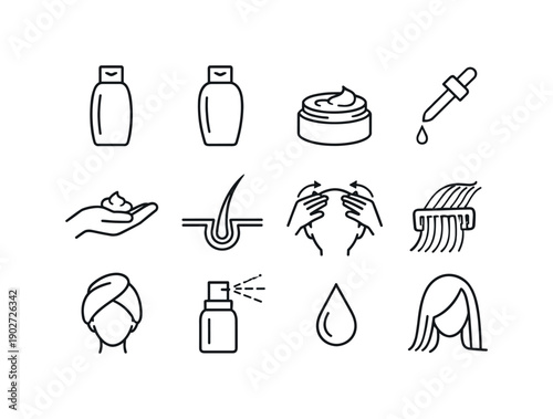 Hair product application process. Line icon set of Hair product application process: shampoo bottle, conditioner bottle, hair mask jar, hair