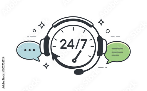 / customer support. Clock icon combined with headset and chat bubbles, symbolizing constant availability. Calm trust-building mood, minimal