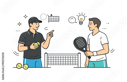 Padel court training sessions. A coaching moment with a trainer giving instructions while a player listens attentively, racket in hand.