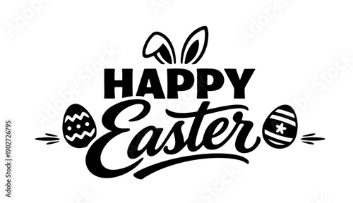 Minimalist black and white Happy Easter typography logo with bunny ears and eggs