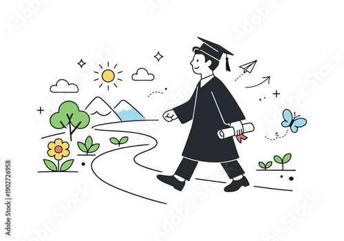 New chapter beginning. A graduate stepping forward on a simple path with spring elements behind, calm optimism about the future. Clean