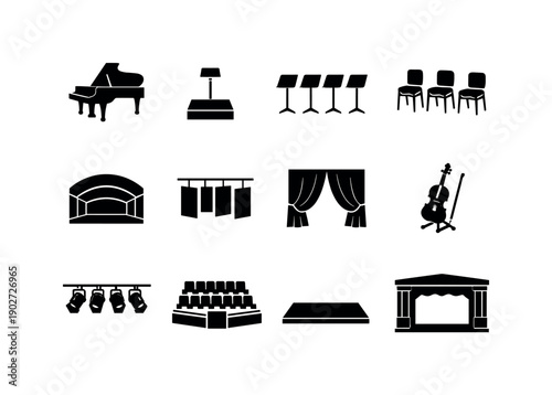 Empty concert hall stage - classical. Solid icon set of Empty concert hall stage - classical: grand piano alone, conductor podium empty,