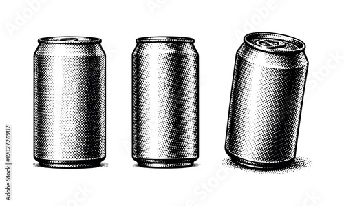 Retail can packaging mockup shown as a single object presented in three views: front view, side view, and three-quarter view. Black and white