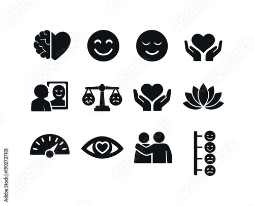 Emotional Intelligence. Solid icon set of Emotional Intelligence: brain heart, emotion smile, emotion calm, empathy hands, self awareness