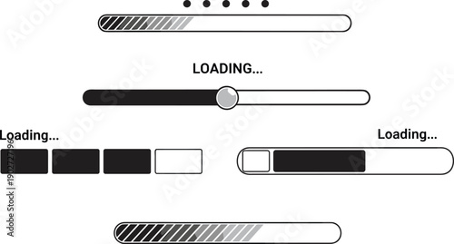 Loading progress bar indicators set with buffering download status interface elements isolated on white background user interface vector illustration design