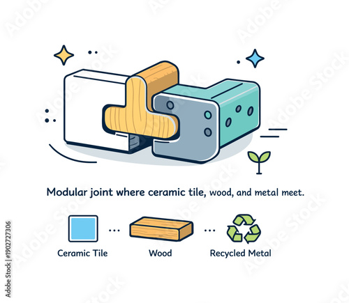Mixed material modular joint. A cabinet detail where ceramic tile, wood, and recycled metal meet through creative joinery, floating abstract