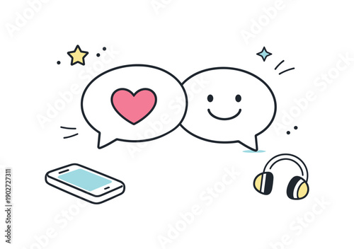 Mental health support. Minimal icon scene showing a chat bubble with a heart or smile symbol, expressing emotional wellbeing and supportive