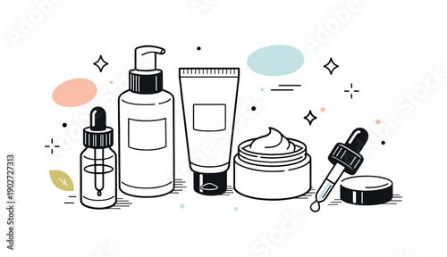 Skincare essentials. A clean arrangement of skincare products like serum bottles, cream tubes, and droppers, with soft abstract accents