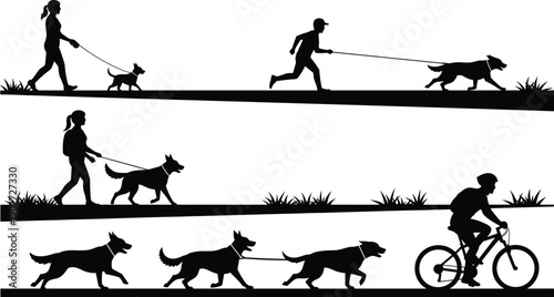 People walking dogs silhouettes, dog walking activity, pet owner lifestyle, outdoor exercise scene, jogging cycling with dogs, healthy active lifestyle illustration